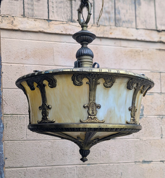 21" Round Antique Vintage Old Solid Brass Stained Slag Glass Hanging Ceiling Lamp Light Fixture Chandelier Church