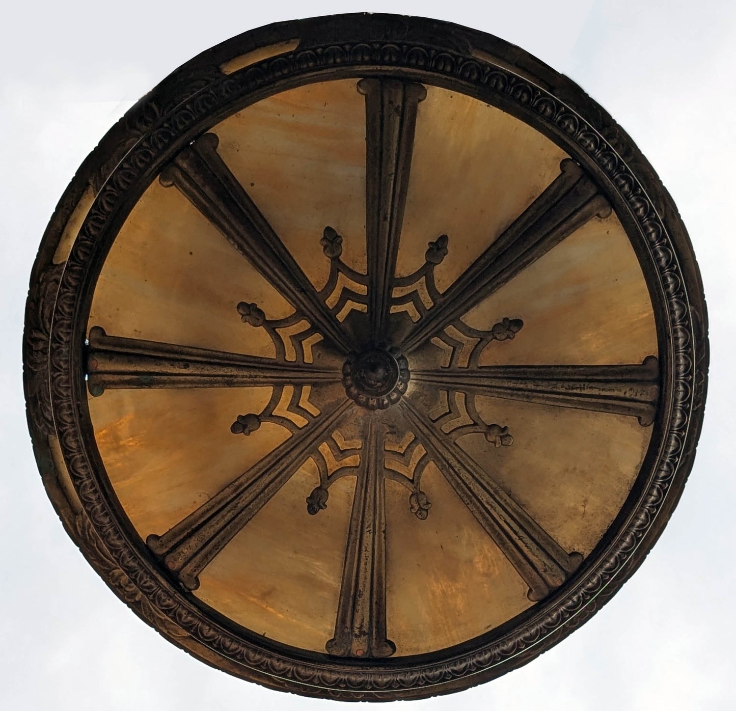 21" Round Antique Vintage Old Solid Brass Stained Slag Glass Hanging Ceiling Lamp Light Fixture Chandelier Church