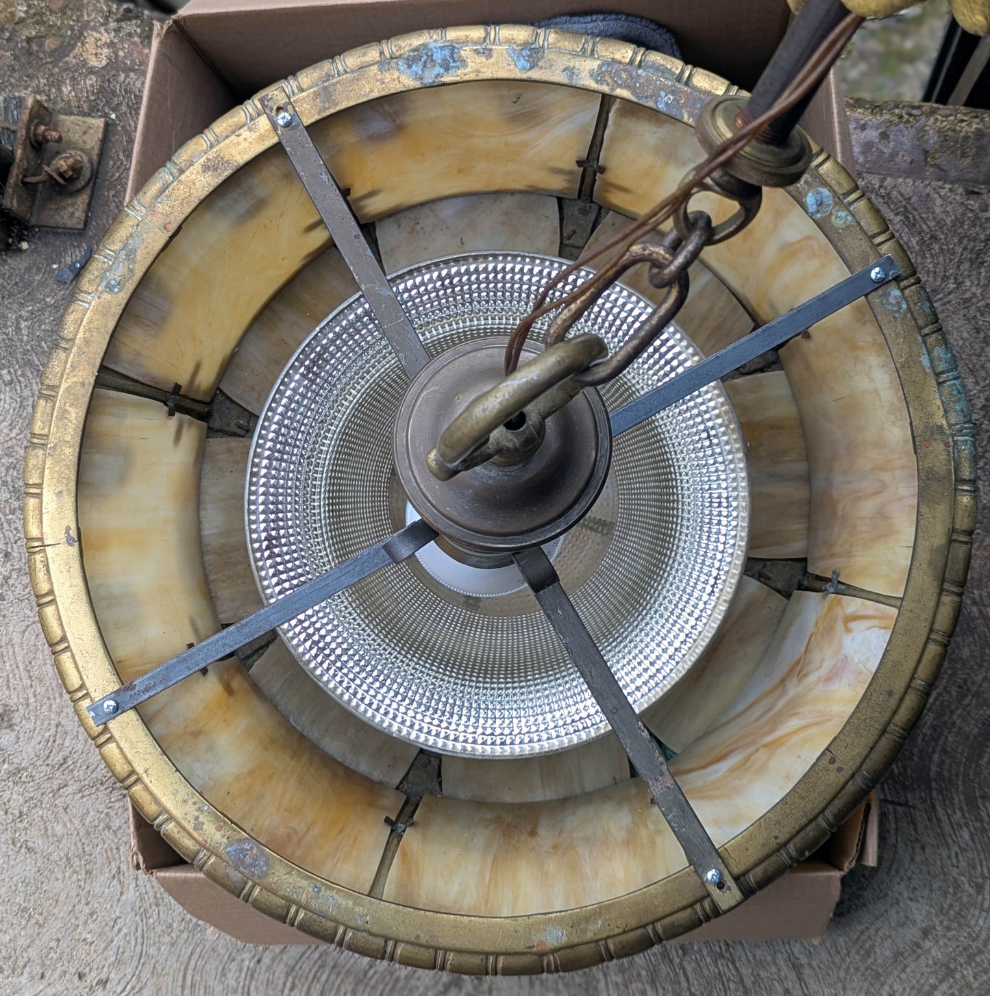 21" Round Antique Vintage Old Solid Brass Stained Slag Glass Hanging Ceiling Lamp Light Fixture Chandelier Church