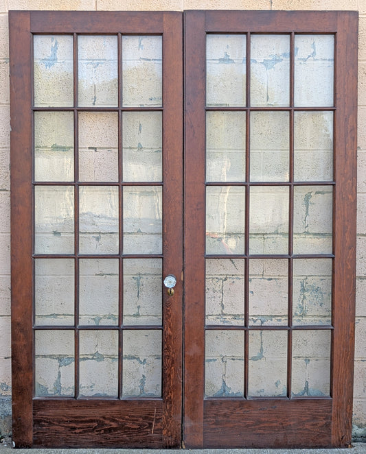 2 Available 64"x84" Pair of Antique Vintage Old Reclaimed Salvaged French Double SOLID Wood Wooden Doors 30 Windows Wavy Glass