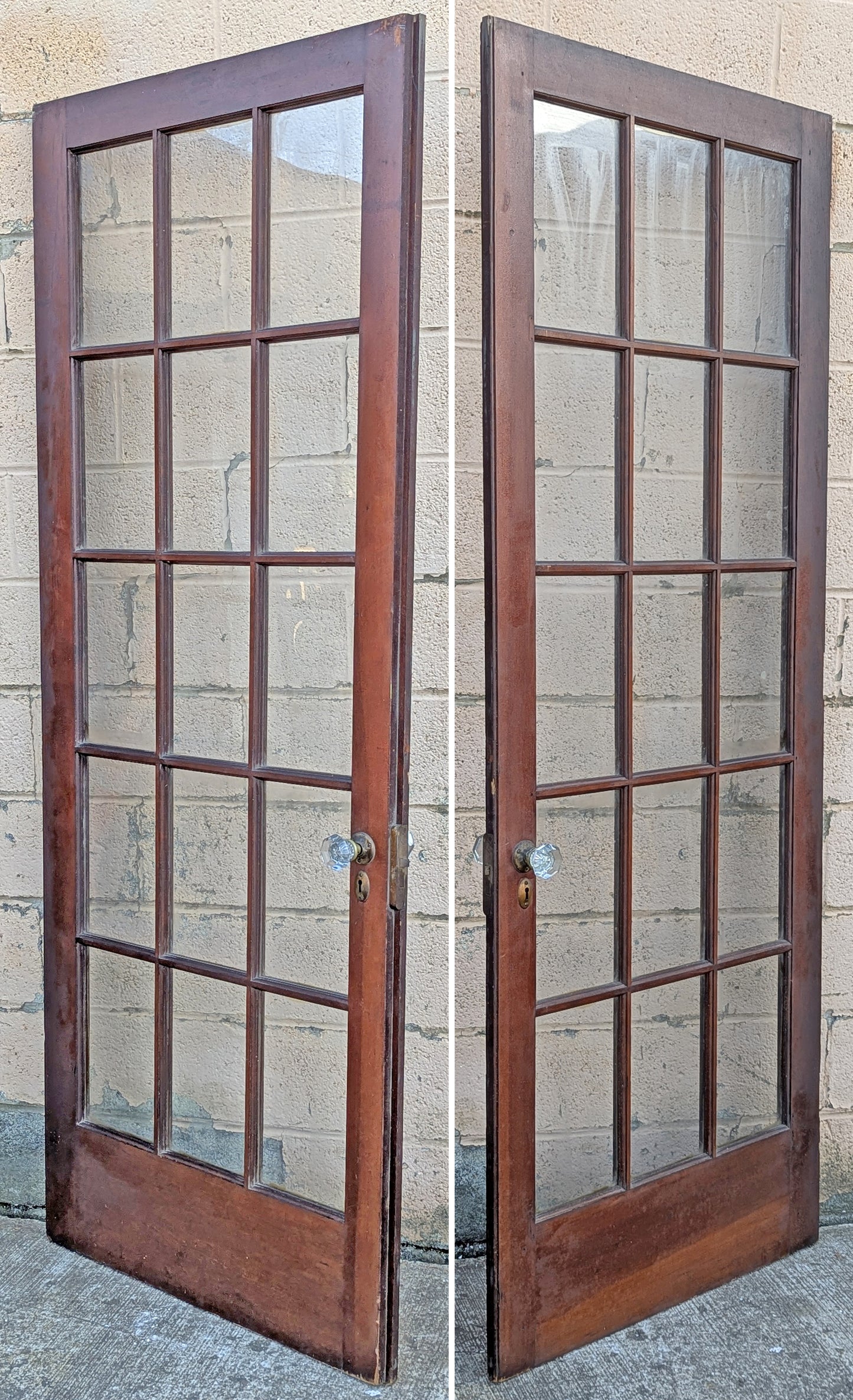 2 Available 64"x84" Pair of Antique Vintage Old Reclaimed Salvaged French Double SOLID Wood Wooden Doors 30 Windows Wavy Glass