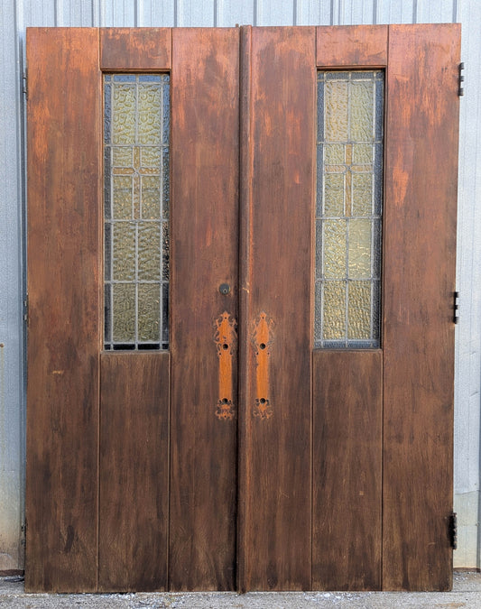 Pair of 64"x83"x 2.25" THICK Antique Vintage Old Reclaimed Salvaged SOLID Mahogany Wood Wooden Exterior Church Entry Doors Leaded Stained Textured Window Glass Panels