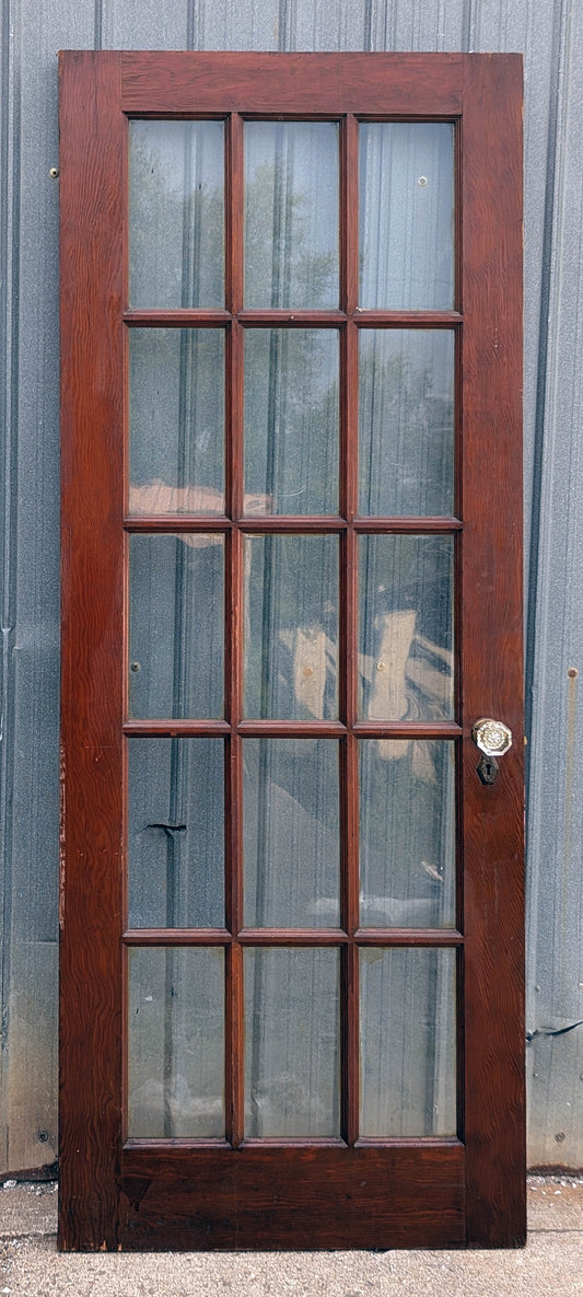 30"x77.5" Antique Vintage Old Reclaimed Salvaged SOLID Wood Wooden French Door 15 Windows Glass Panes Lites Lockset Glass Knobs Brass Plates