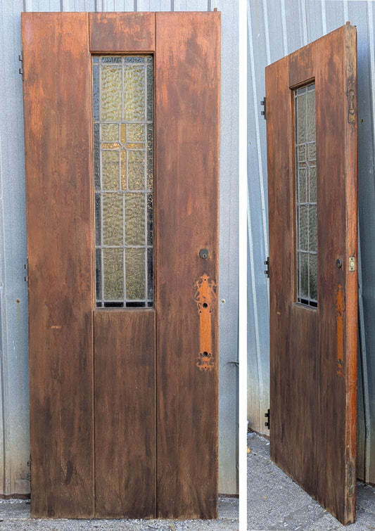 Pair of 64"x83"x 2.25" THICK Antique Vintage Old Reclaimed Salvaged SOLID Mahogany Wood Wooden Exterior Church Entry Doors Leaded Stained Textured Window Glass Panels