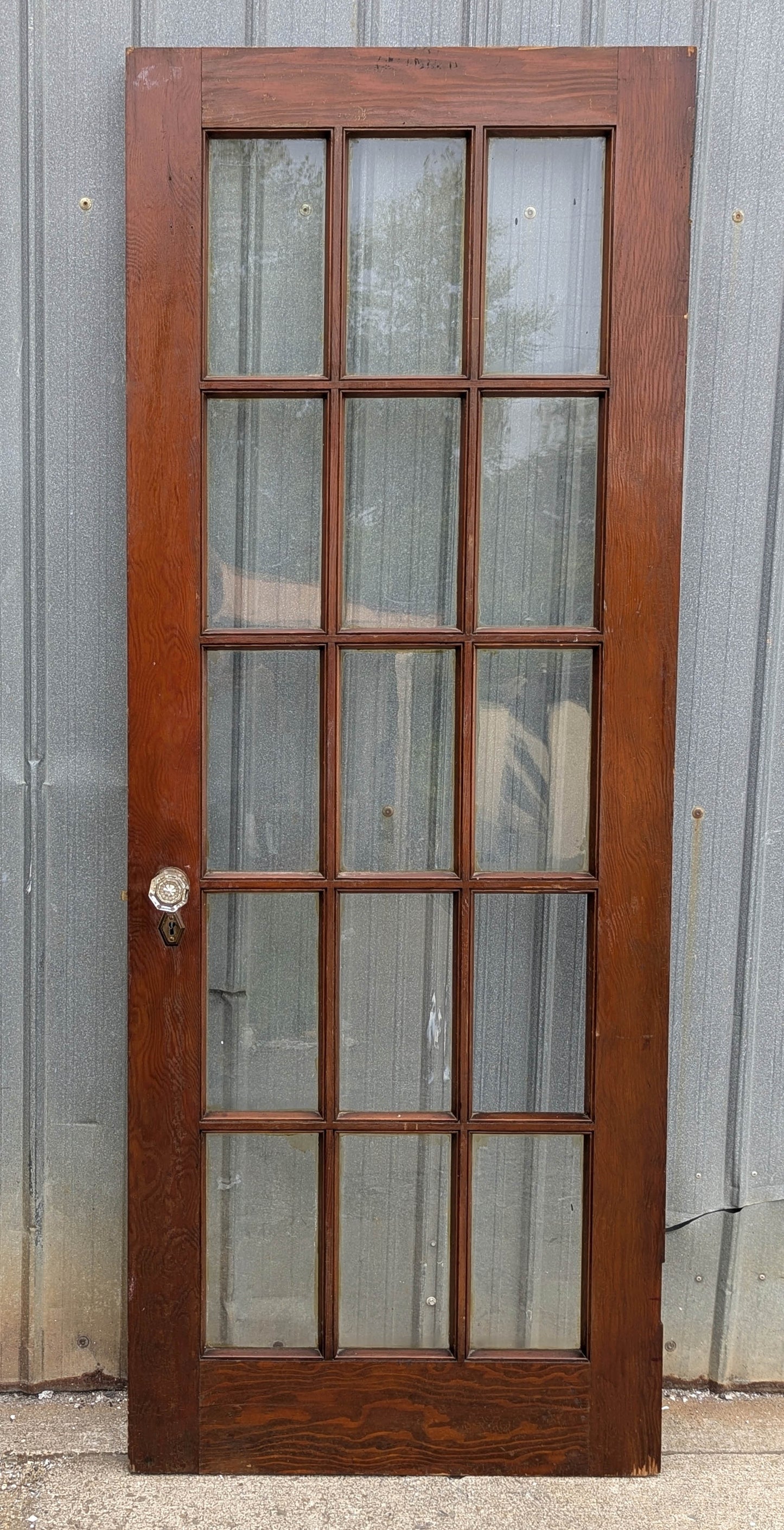 30"x77.5" Antique Vintage Old Reclaimed Salvaged SOLID Wood Wooden French Door 15 Windows Glass Panes Lites Lockset Glass Knobs Brass Plates