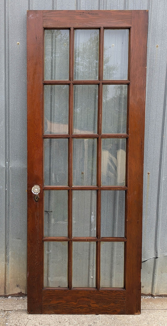30"x77.5" Antique Vintage Old Reclaimed Salvaged SOLID Wood Wooden French Door 15 Windows Glass Panes Lites Lockset Glass Knobs Brass Plates