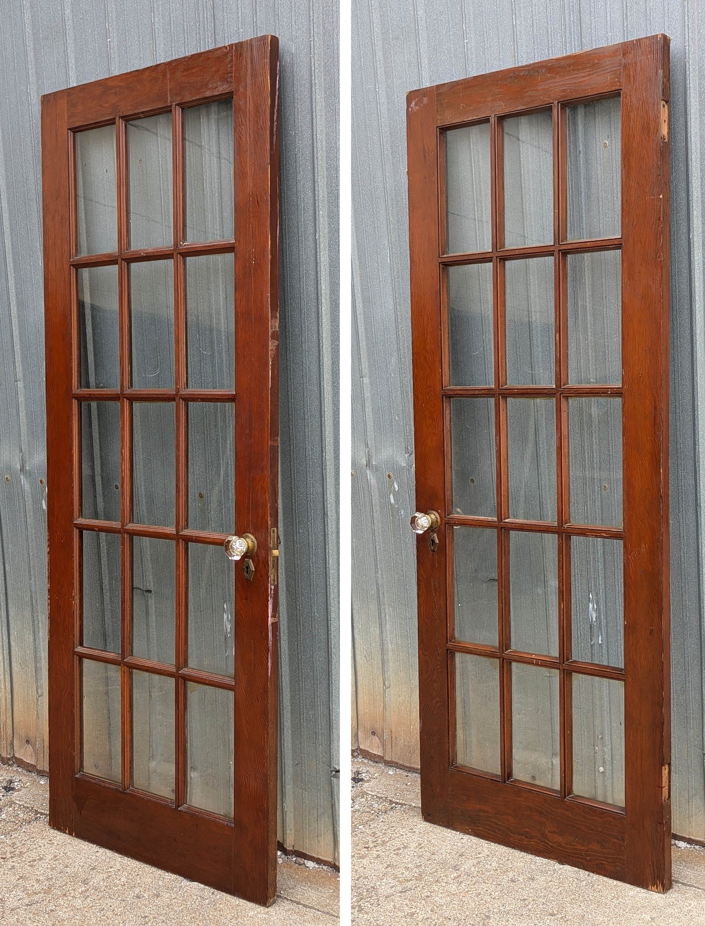 30"x77.5" Antique Vintage Old Reclaimed Salvaged SOLID Wood Wooden French Door 15 Windows Glass Panes Lites Lockset Glass Knobs Brass Plates