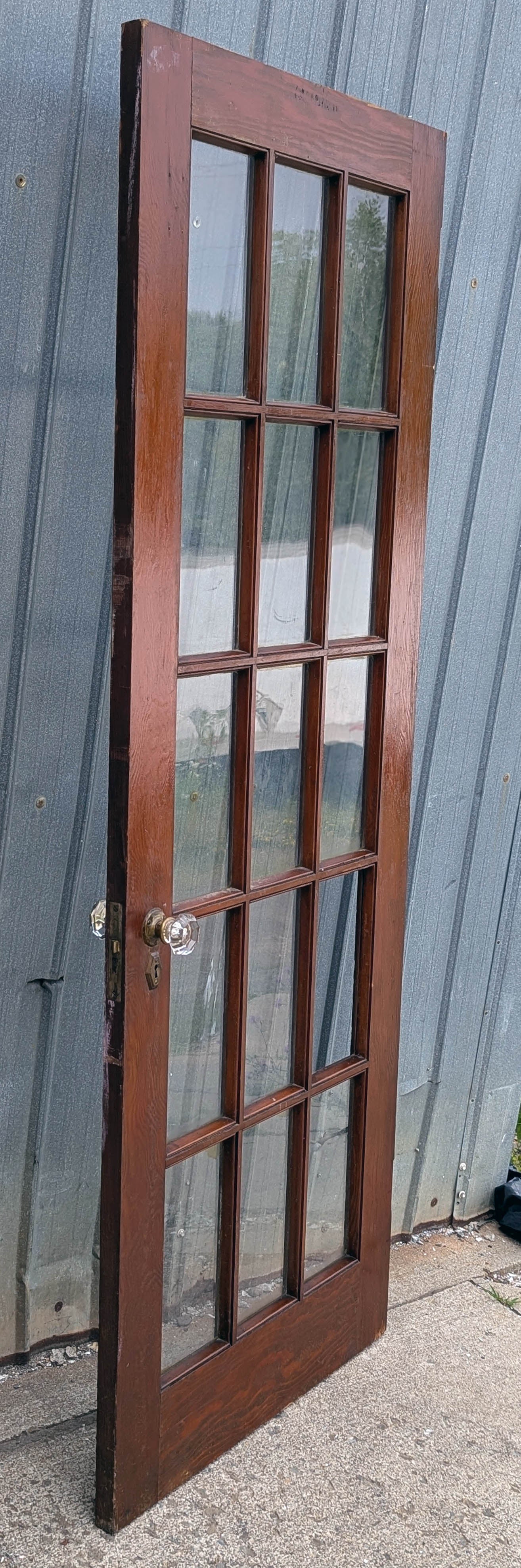 30"x77.5" Antique Vintage Old Reclaimed Salvaged SOLID Wood Wooden French Door 15 Windows Glass Panes Lites Lockset Glass Knobs Brass Plates