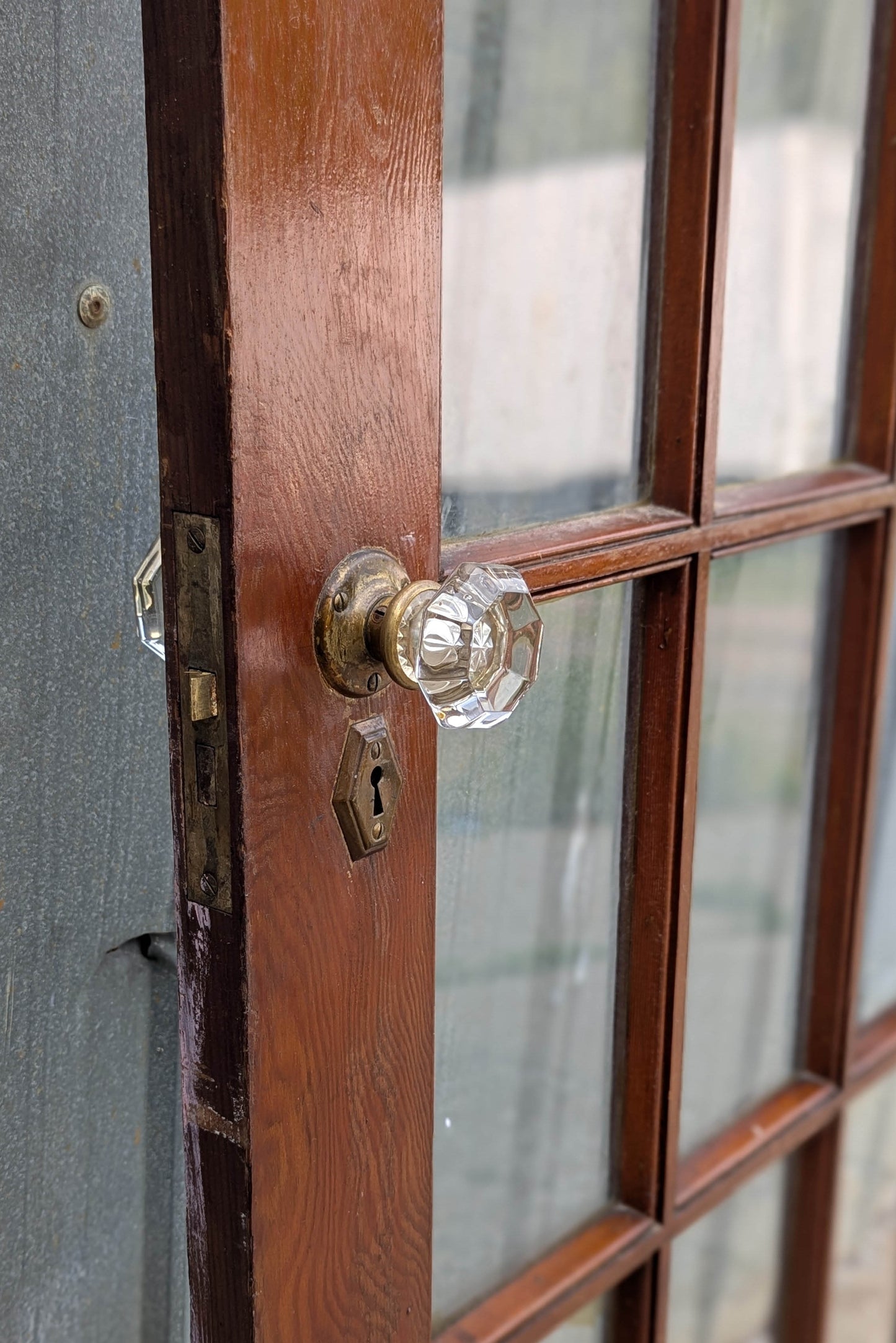 30"x77.5" Antique Vintage Old Reclaimed Salvaged SOLID Wood Wooden French Door 15 Windows Glass Panes Lites Lockset Glass Knobs Brass Plates