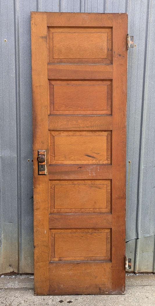 26"x77.5" Antique Vintage Old Reclaimed Salvaged Interior Wood Wooden Closet Pantry Door 5 Panels Lockset Hinges Hardware