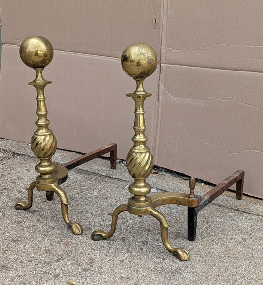 18"H Pair Antique Vintage Old Reclaimed Salvaged Brass Cannonball Federal Fireplace Andirons Logs Fire Dogs Log Holders