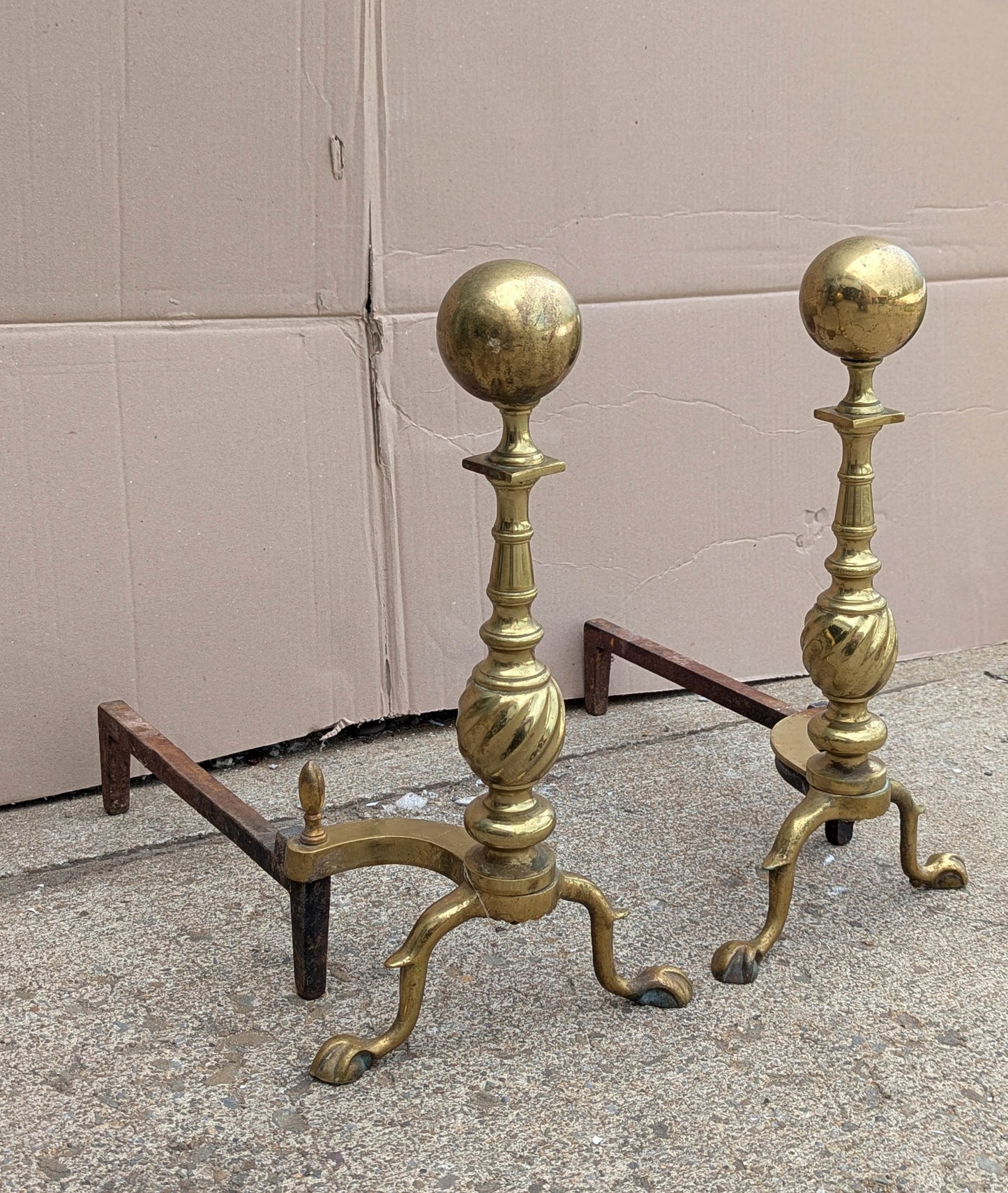 18"H Pair Antique Vintage Old Reclaimed Salvaged Brass Cannonball Federal Fireplace Andirons Logs Fire Dogs Log Holders