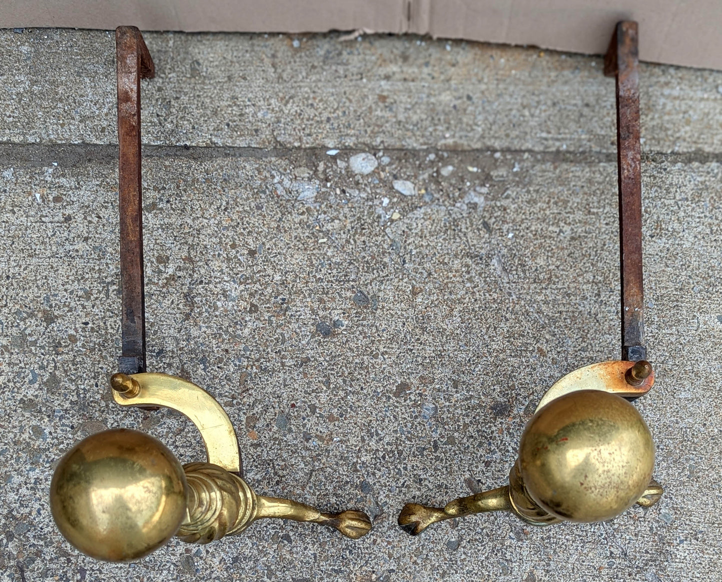 18"H Pair Antique Vintage Old Reclaimed Salvaged Brass Cannonball Federal Fireplace Andirons Logs Fire Dogs Log Holders