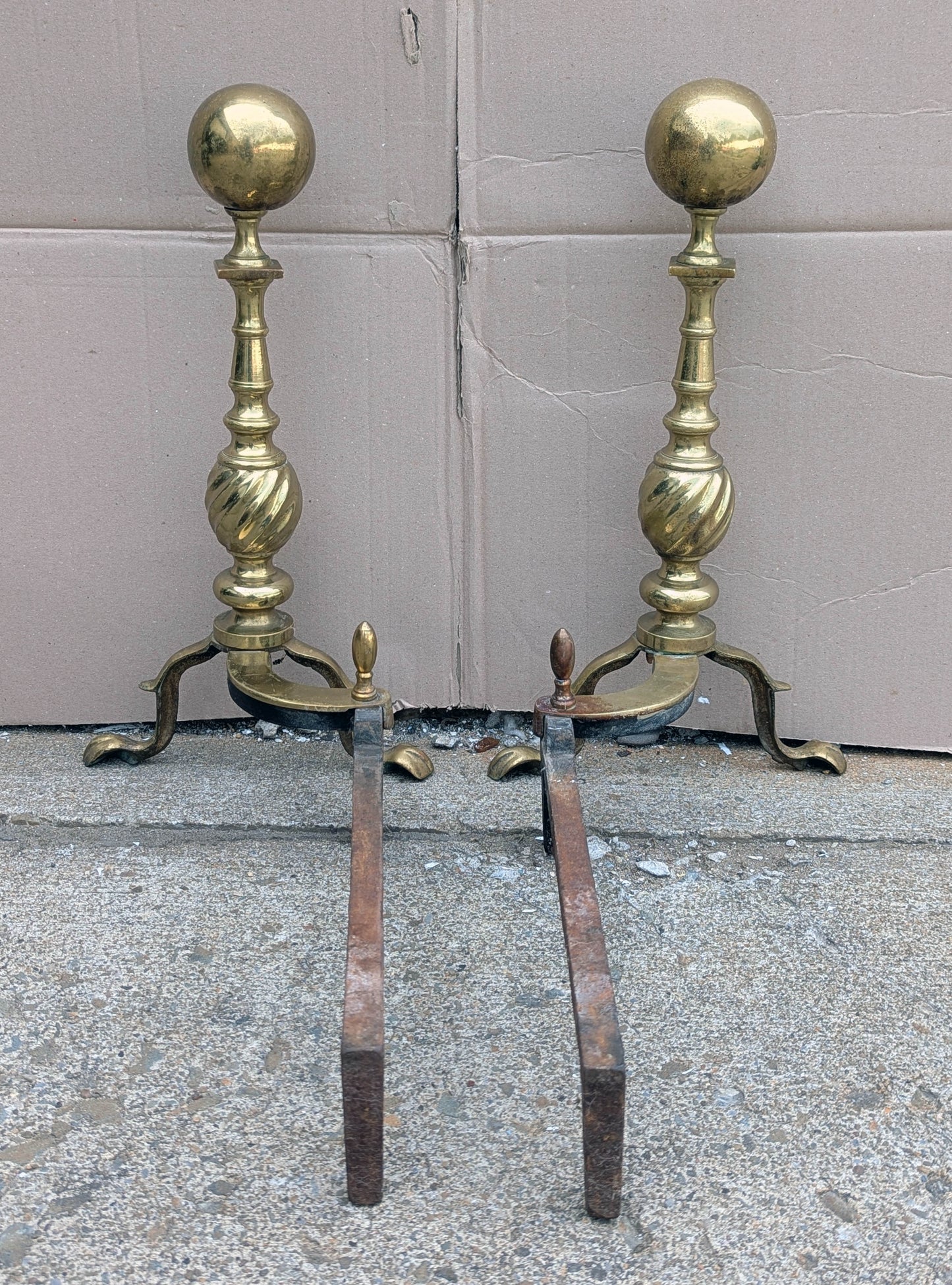 18"H Pair Antique Vintage Old Reclaimed Salvaged Brass Cannonball Federal Fireplace Andirons Logs Fire Dogs Log Holders