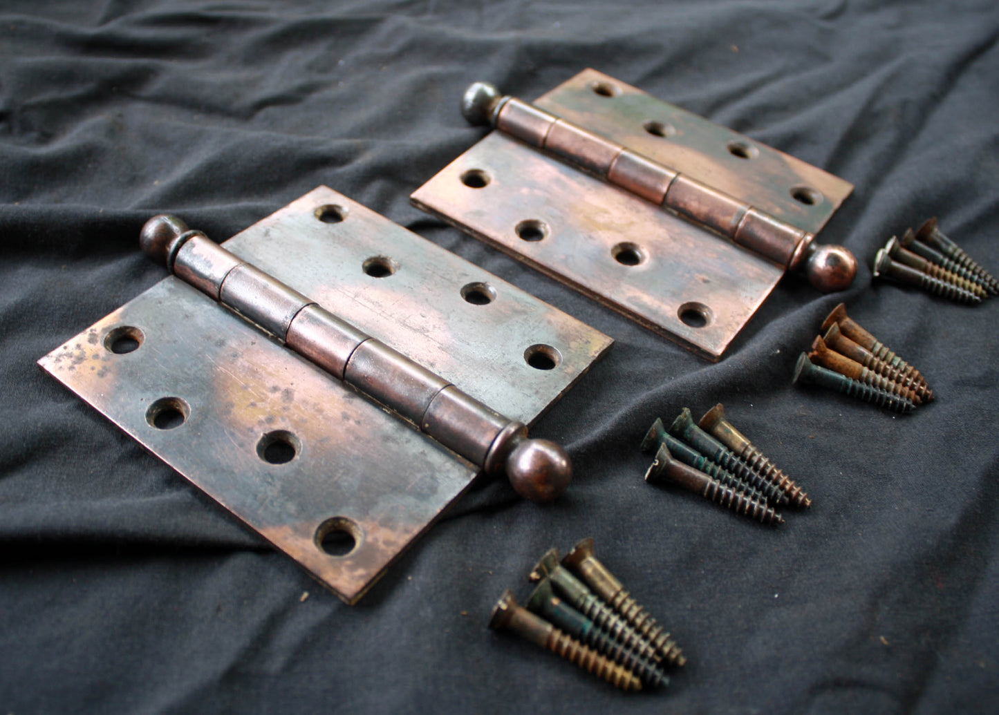 4 Pair available 4"x4" Antique Vintage Old Reclaimed Salvaged Steel Bronze Copper Ball Tip Finial Exterior Entry Door Hinges Screws
