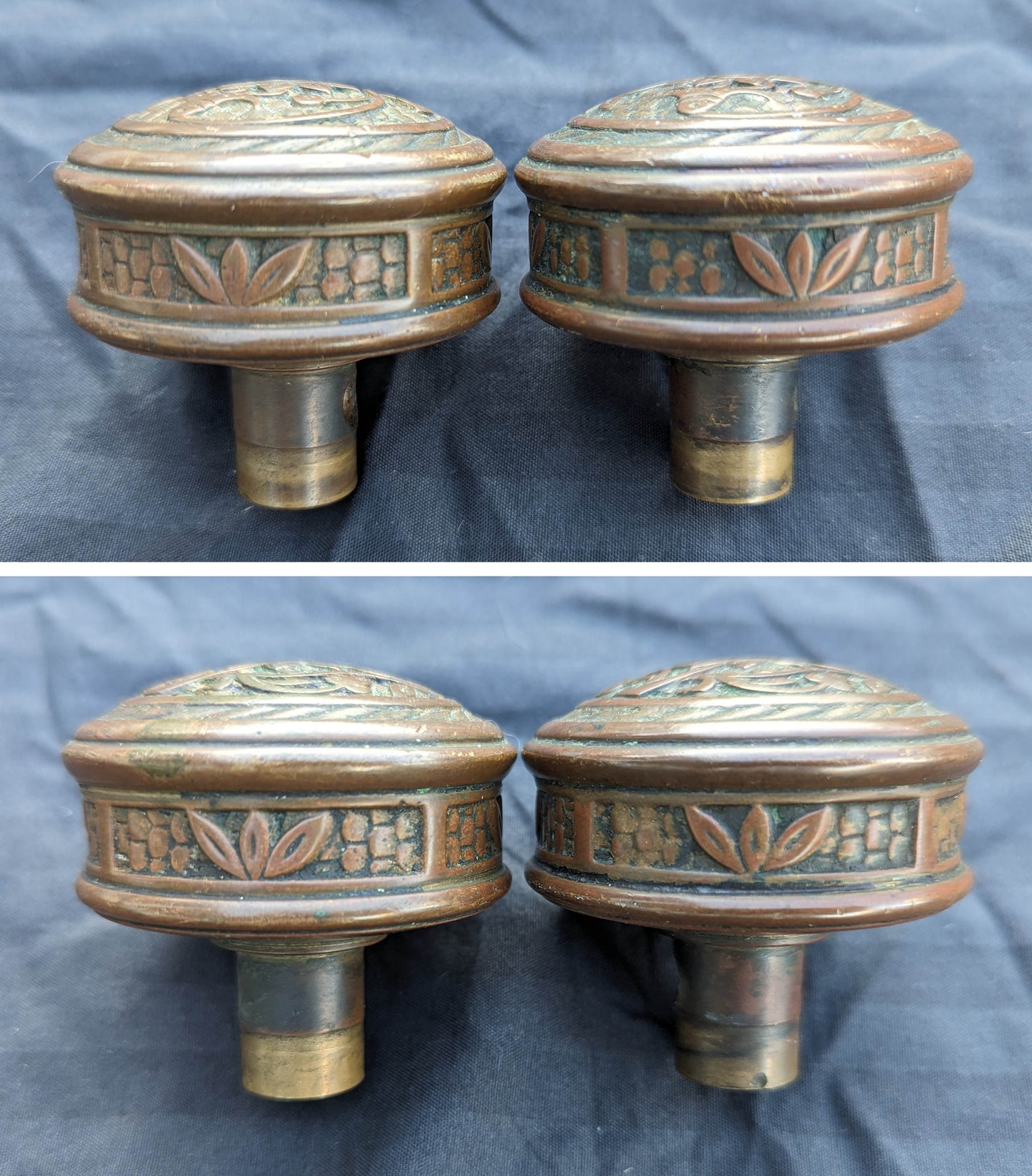 Pair Antique Vintage Old SOLID Cast Bronze Norwalk Bluebell Doorknob Drum Style Door Knobs
