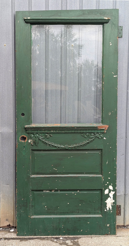 36"x82" Antique Vintage Old Reclaimed Salvaged Decorative Carved Victorian Carvings SOLID Wood Wooden Entry Door Window Wavy Glass Lite Pane