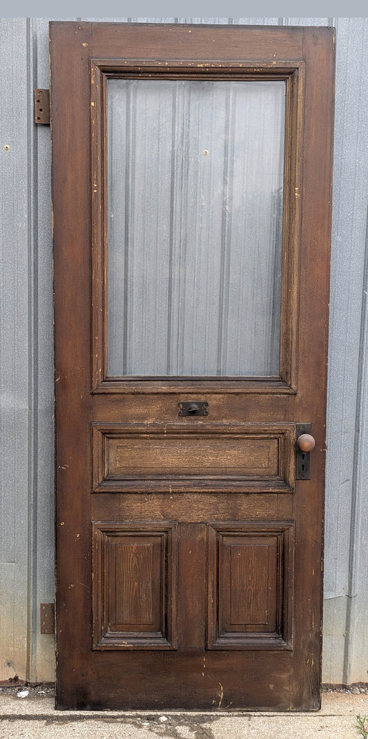 34"x83"x1.75" Antique Vintage Old Reclaimed Salvaged Victorian SOLID Wood Wooden Entry Door Window Wavy Glass Lockset Hinges Doorbell Bell Ringer