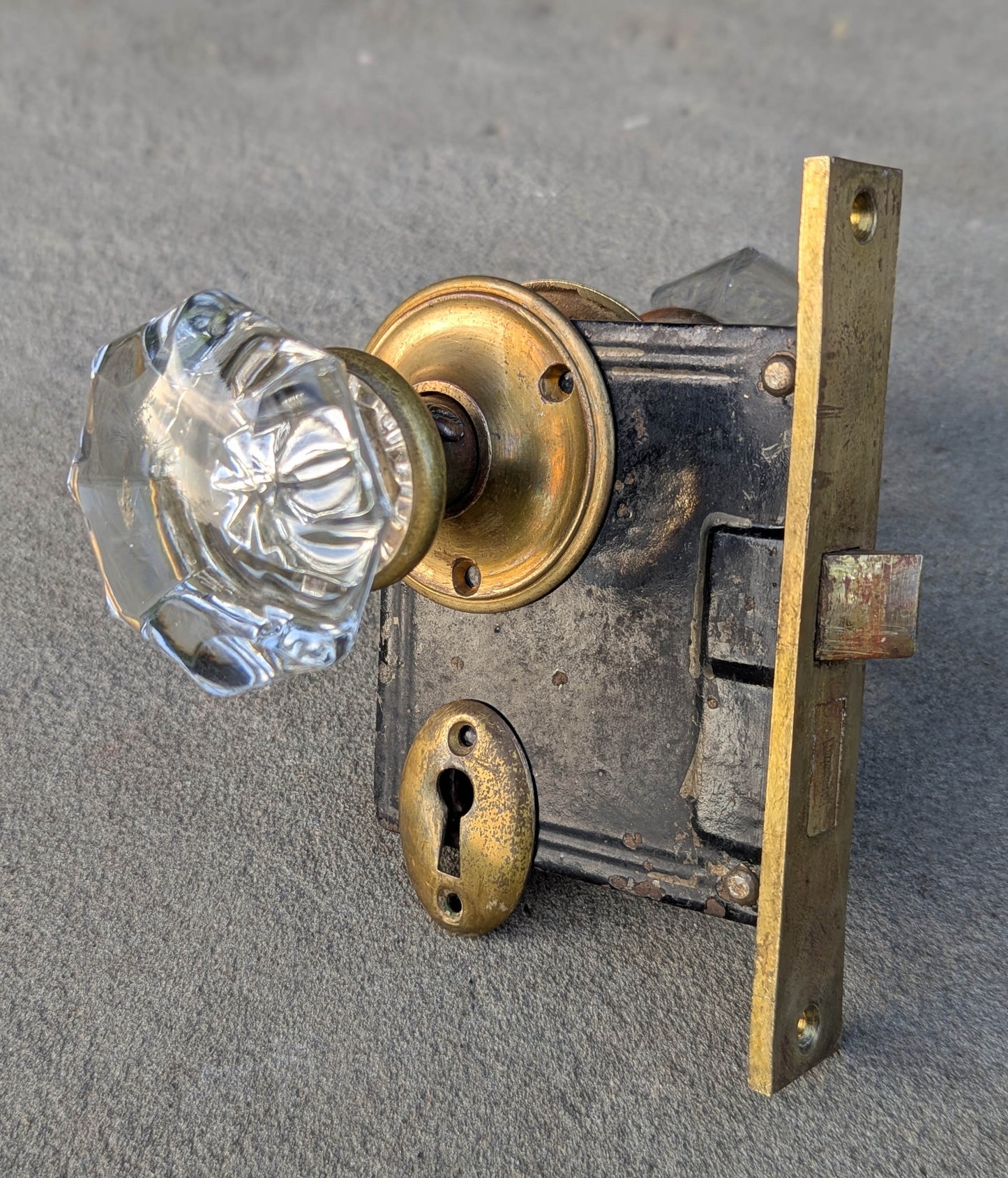 7 available CLEANED Antique Vintage Old Salvaged Reclaimed Russwin "Essex" Door Set Glass Knob Brass Plate Lock Lockset Interior Hardware