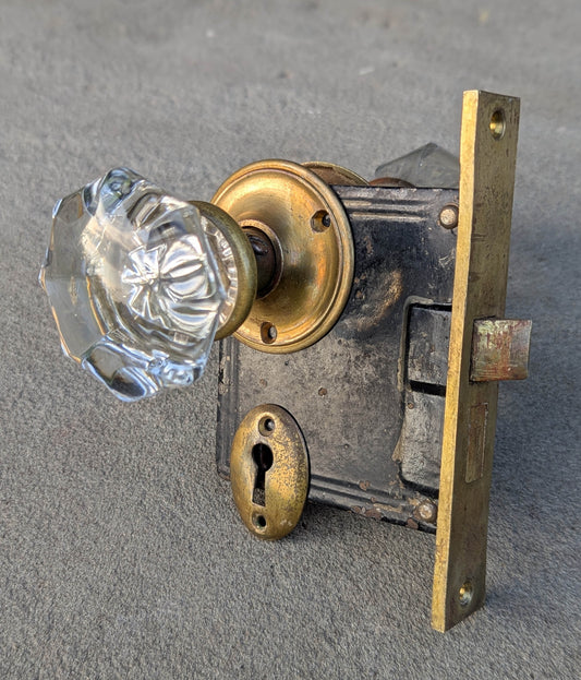 7 available CLEANED Antique Vintage Old Salvaged Reclaimed Russwin "Essex" Door Set Glass Knob Brass Plate Lock Lockset Interior Hardware