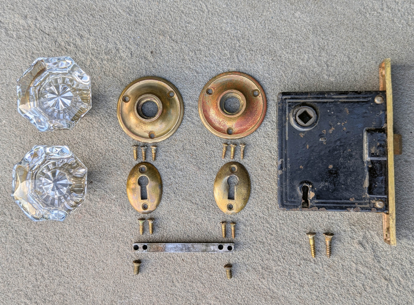 7 available CLEANED Antique Vintage Old Salvaged Reclaimed Russwin "Essex" Door Set Glass Knob Brass Plate Lock Lockset Interior Hardware