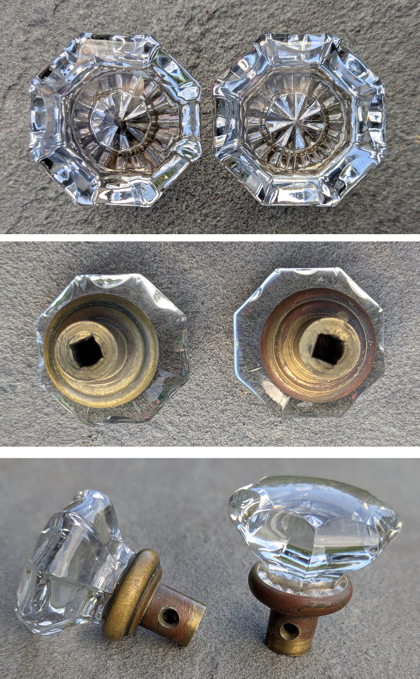 7 available CLEANED Antique Vintage Old Salvaged Reclaimed Russwin "Essex" Door Set Glass Knob Brass Plate Lock Lockset Interior Hardware