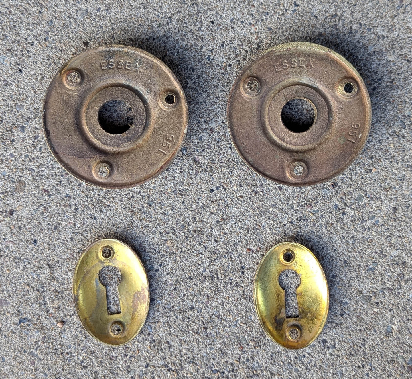 7 available CLEANED Antique Vintage Old Salvaged Reclaimed Russwin "Essex" Door Set Glass Knob Brass Plate Lock Lockset Interior Hardware