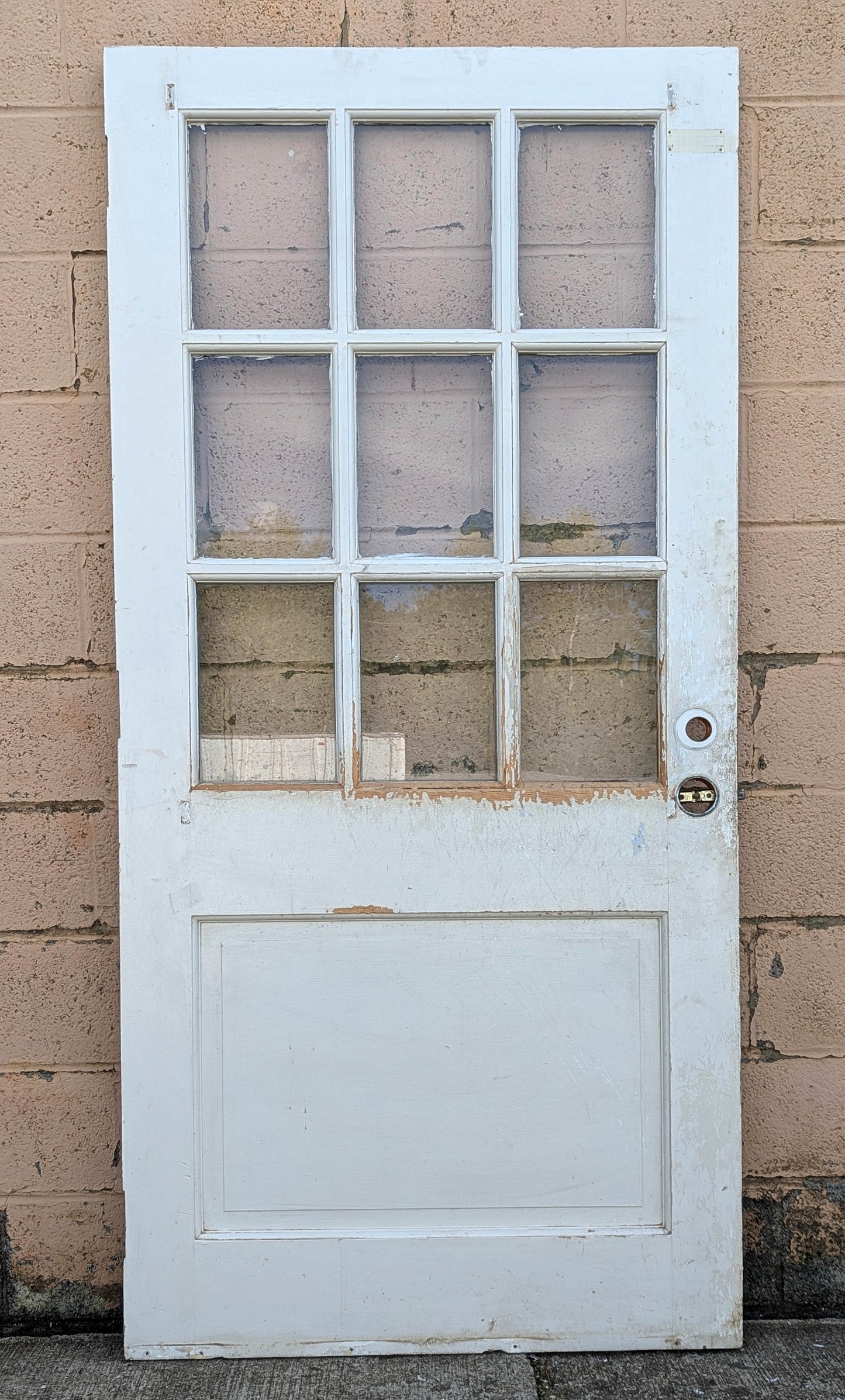 36"x78"x1.75" Vintage Antique Reclaimed Salvaged SOLID Wood Wooden Exterior Front Entry Half French Door 9 Window Tempered Glass Panes Lites Panel