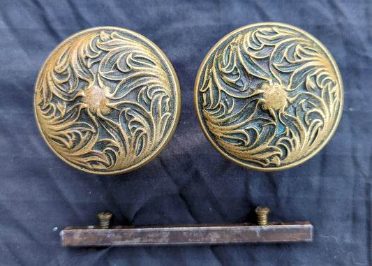 Pair Antique Vintage Old Art Nouveau Victorian SOLID Cast Brass Floral Leaf Doorknob Door Knobs