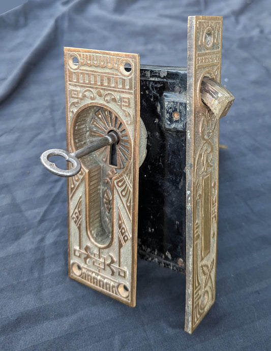 Complete Restored Antique Vintage Old Salvaged Reclaimed Bronze Iron Pocket Sliding Door Set Plate Lock Interior Lockset Key