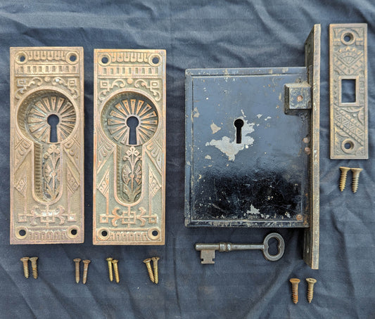 Complete Restored Antique Vintage Old Salvaged Reclaimed Bronze Iron Pocket Sliding Door Set Plate Lock Interior Lockset Key