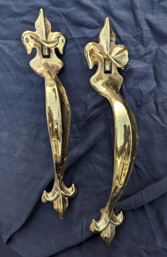 Pair 11" Vintage Antique Old Fleur De Lis Brass Exterior Front Entry Door Handle Pulls