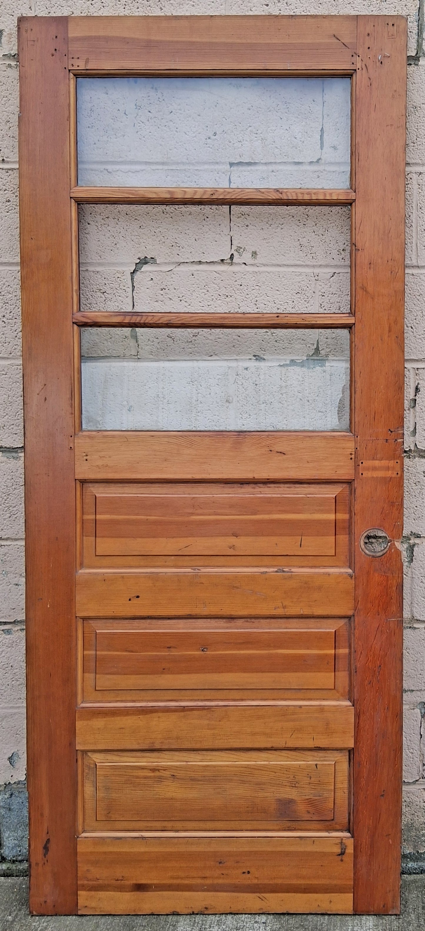 32"x78" Antique Vintage Old Reclaimed Salvaged SOLID Wood Wooden Entry Entrance Front Back Side Door 3 Windows Glass Raised Panels
