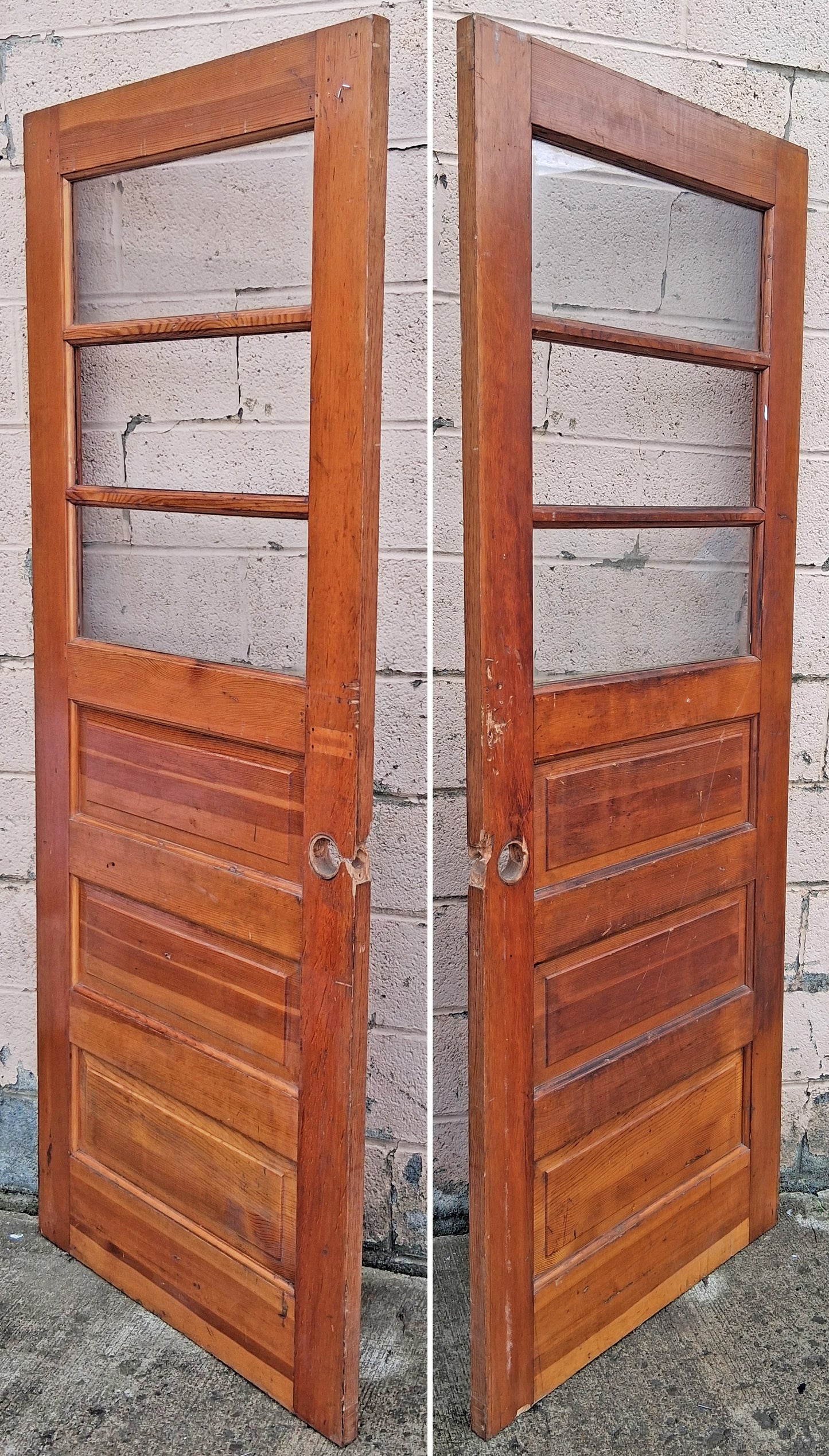 32"x78" Antique Vintage Old Reclaimed Salvaged SOLID Wood Wooden Entry Entrance Front Back Side Door 3 Windows Glass Raised Panels