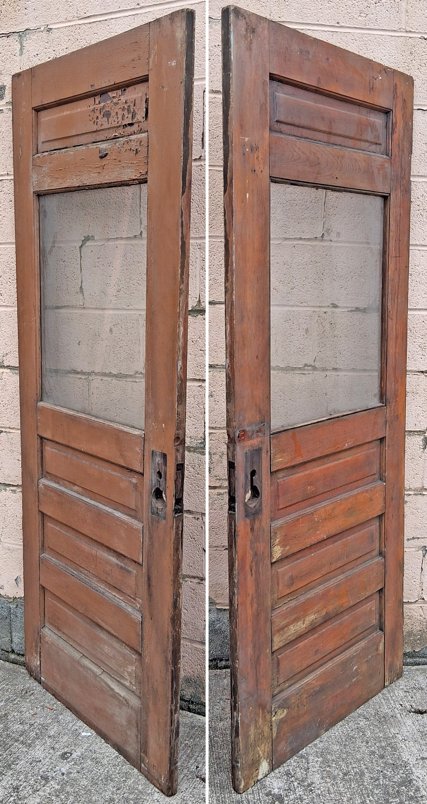32"x78.5" Antique Vintage Old Reclaimed Salvaged SOLID Wood Wooden Entry Exterior Front Back Side Door 4 Raised Panels Single Window Glass