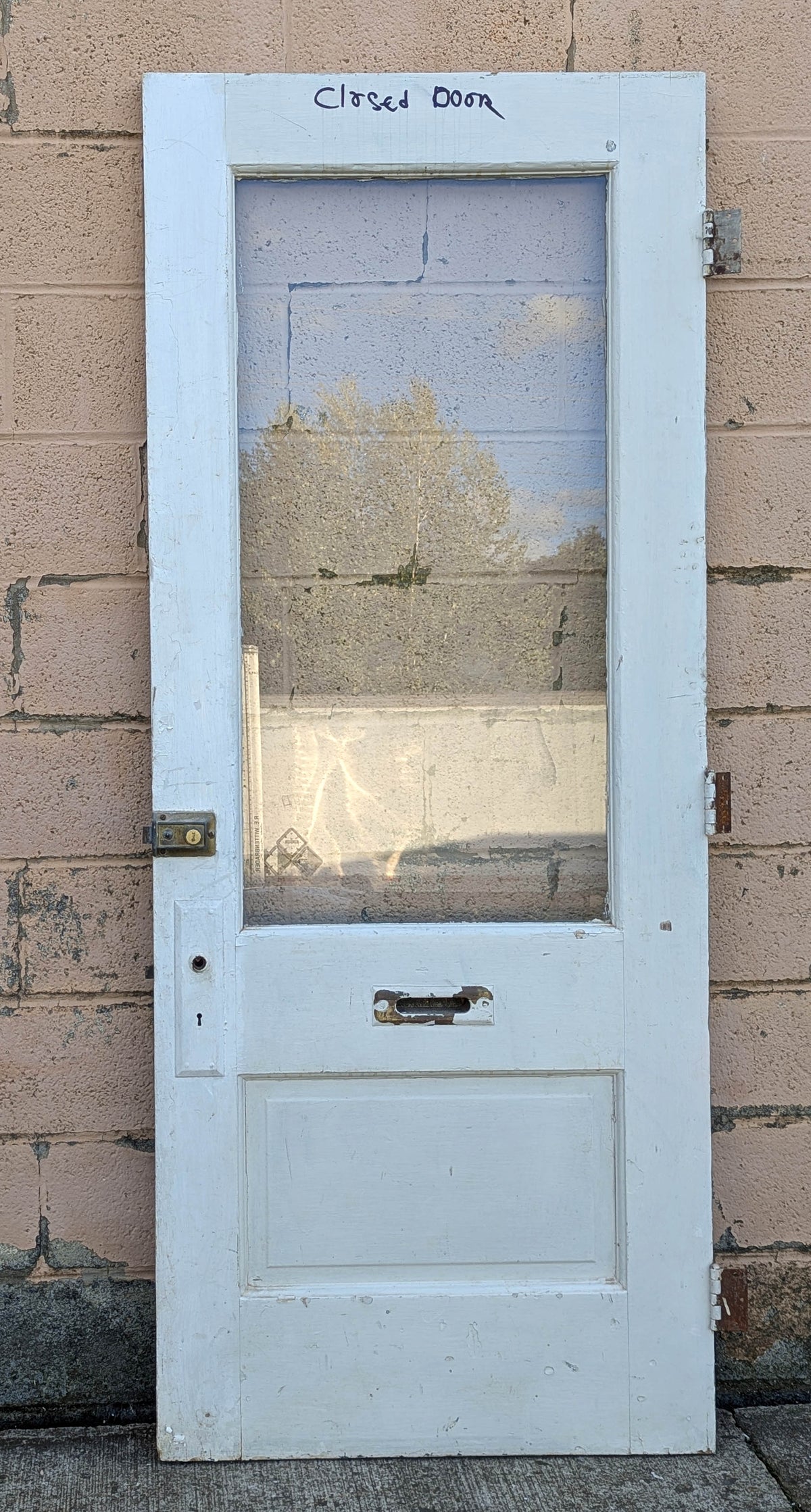 32"x79"x1.75" Antique Vintage Old Reclaimed Salvaged SOLID Wood Wooden Side Back Entry Exterior Door Window Glass Lite Hardware Lock Hinges