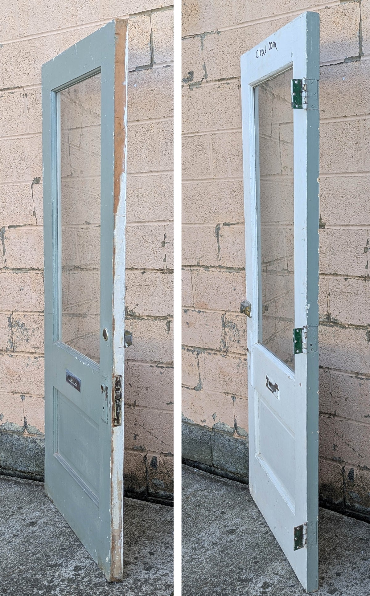 32"x79"x1.75" Antique Vintage Old Reclaimed Salvaged SOLID Wood Wooden Side Back Entry Exterior Door Window Glass Lite Hardware Lock Hinges