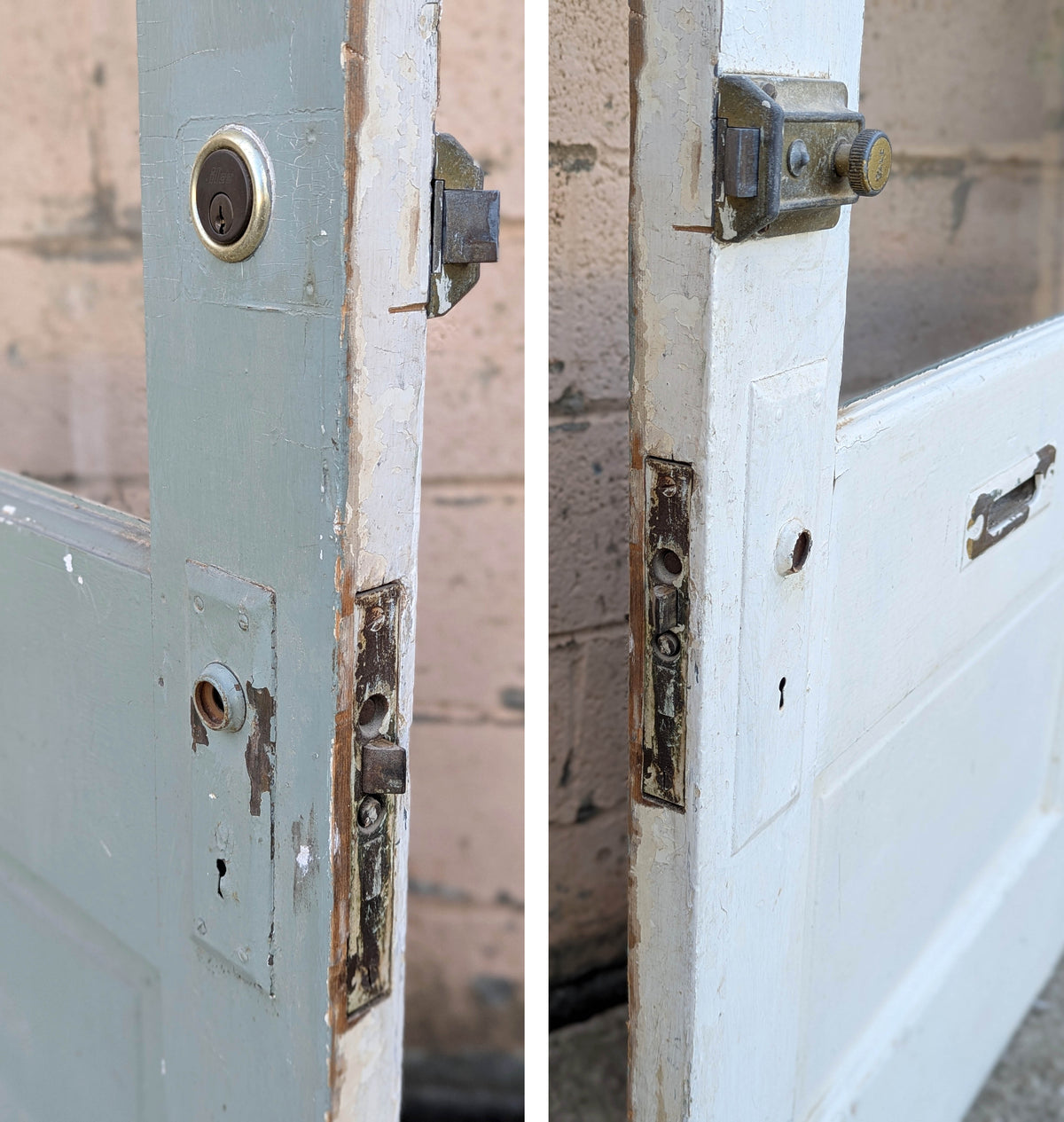 32"x79"x1.75" Antique Vintage Old Reclaimed Salvaged SOLID Wood Wooden Side Back Entry Exterior Door Window Glass Lite Hardware Lock Hinges