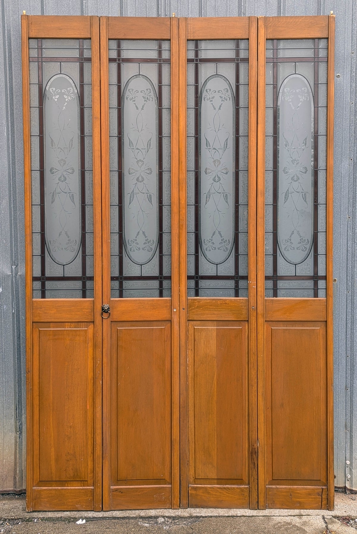 47"x78" Pair of Vintage Antique Old Mid Century Solid Wood Wooden Interior Closet Pantry Doors Bi-Fold Bifold Stained Etched Frosted Stained Glass