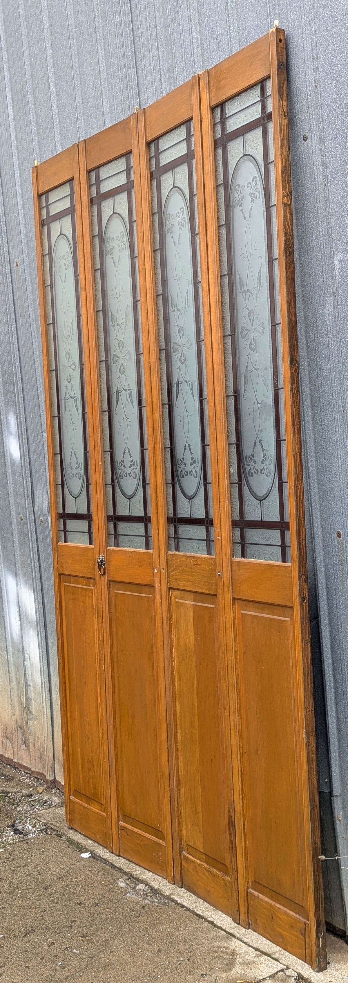 47"x78" Pair of Vintage Antique Old Mid Century Solid Wood Wooden Interior Closet Pantry Doors Bi-Fold Bifold Stained Etched Frosted Stained Glass