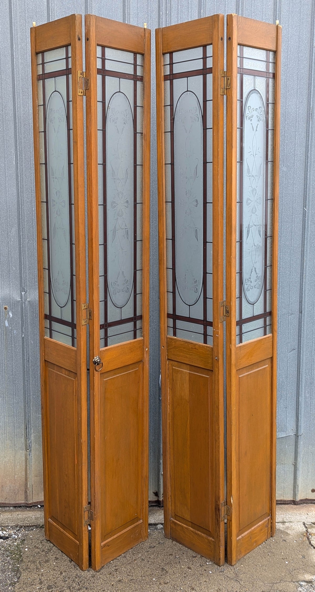 47"x78" Pair of Vintage Antique Old Mid Century Solid Wood Wooden Interior Closet Pantry Doors Bi-Fold Bifold Stained Etched Frosted Stained Glass