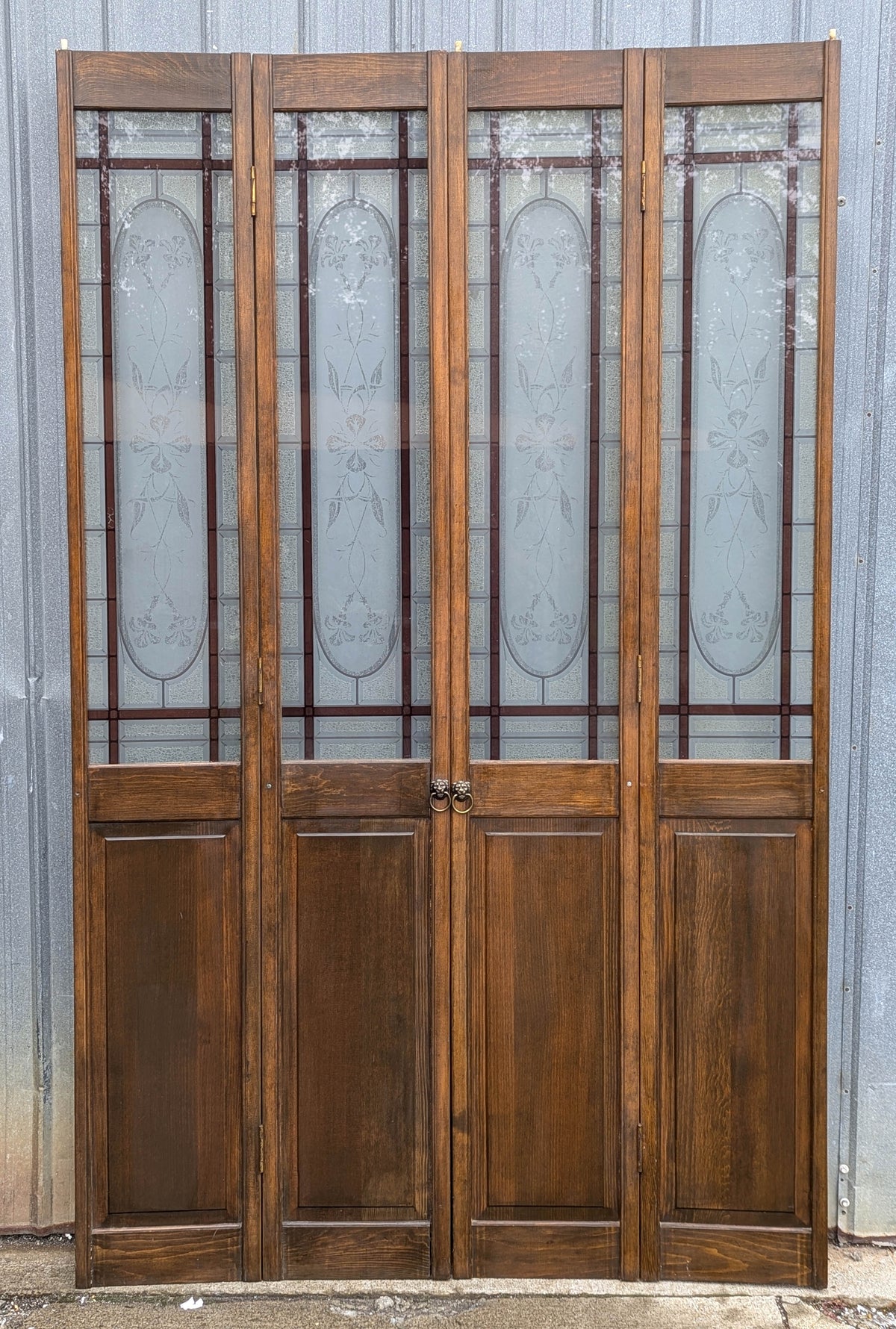 47"x78" Pair of Vintage Antique Old Mid Century Solid Wood Wooden Interior Closet Pantry Doors Bi-Fold Bifold Stained Etched Frosted Stained Glass