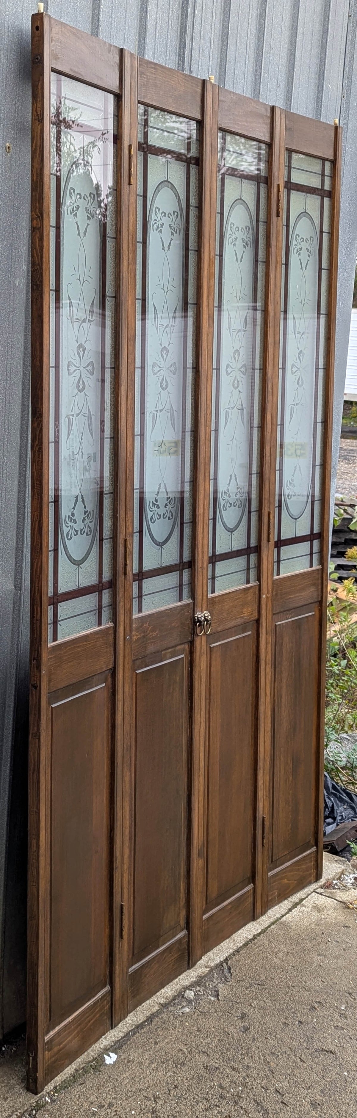 47"x78" Pair of Vintage Antique Old Mid Century Solid Wood Wooden Interior Closet Pantry Doors Bi-Fold Bifold Stained Etched Frosted Stained Glass