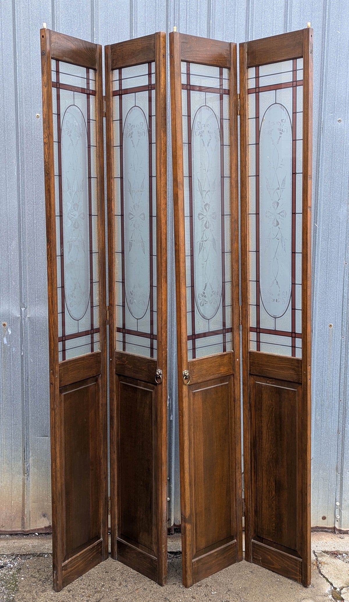47"x78" Pair of Vintage Antique Old Mid Century Solid Wood Wooden Interior Closet Pantry Doors Bi-Fold Bifold Stained Etched Frosted Stained Glass