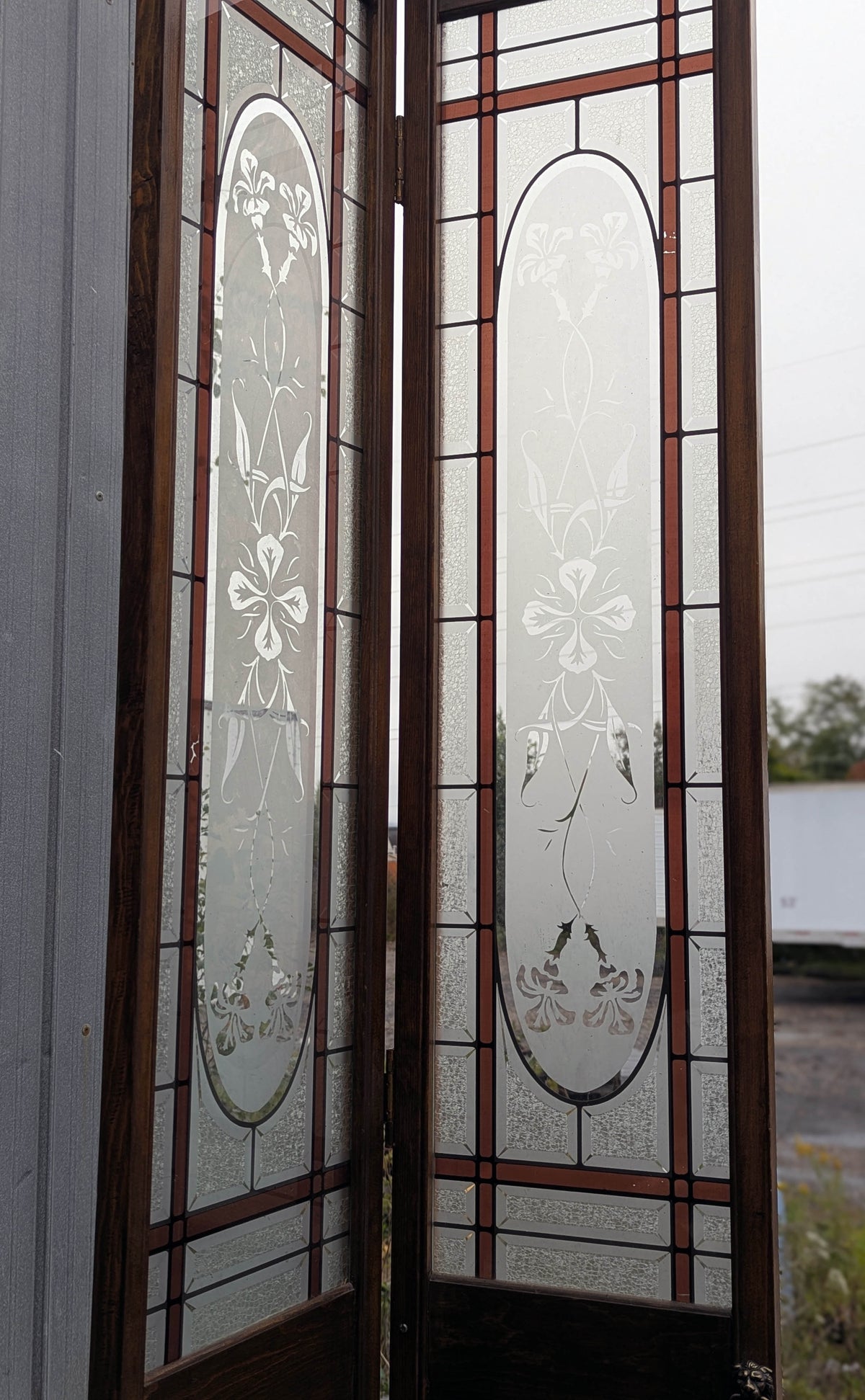 47"x78" Pair of Vintage Antique Old Mid Century Solid Wood Wooden Interior Closet Pantry Doors Bi-Fold Bifold Stained Etched Frosted Stained Glass