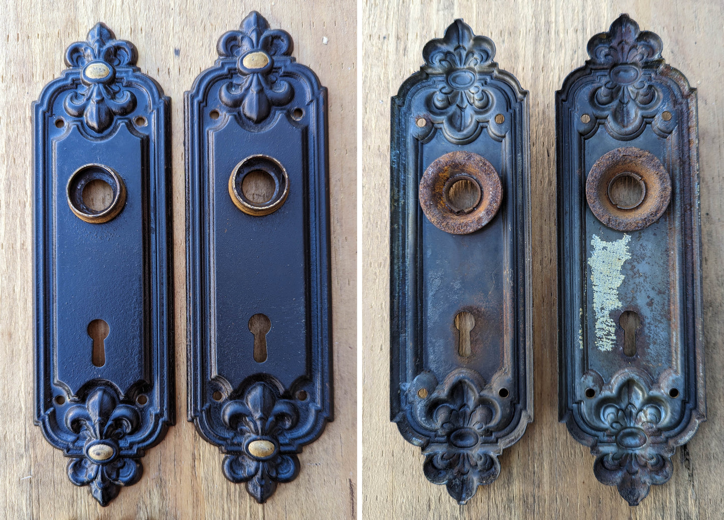 Antique Vintage Old Reclaimed Salvaged Fleur De Lis Victorian Bronze Steel Interior Door Lockset Knob Plate Lock