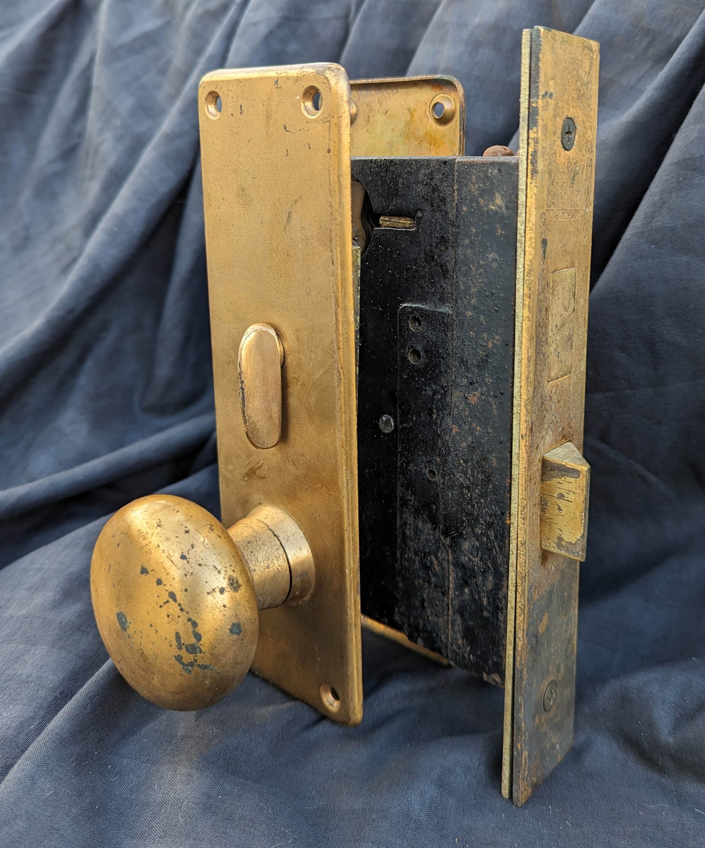 Vintage Antique Old Salvaged Reclaimed "Sargent Exterior Entry Commercial grade Door Set Bronze Brass Knob Plate Lock Lockset 2 Keys