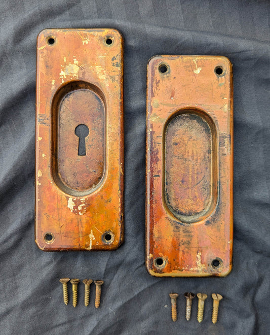Pair 2.5"x6" Antique Vintage Old Reclaimed Solid Cast Bronze Brass Pocket Door Hardware Pulls Key Plates