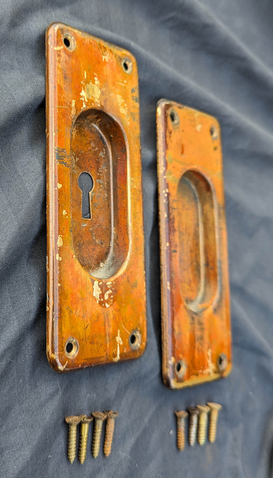 Pair 2.5"x6" Antique Vintage Old Reclaimed Solid Cast Bronze Brass Pocket Door Hardware Pulls Key Plates