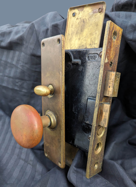 Antique Vintage Old Salvaged Reclaimed "Penn" Exterior Entry Commercial grade Door Set Bronze Brass Knob Plate Lock Lockset Key